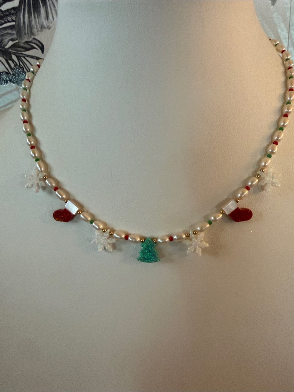 Audrey Limoges Collection Holiday Pearl Beaded Necklace with Opal Charms